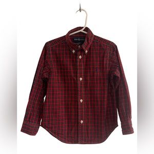 Kids Ralph Lauren button down shirt. Toddler size: 3T Color: Red, Blue, Plaid.